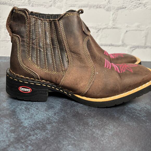Campero Cowgirl Western Chelsea Boots Brown Leather Pink Stitching Sz 39, US 8.5 - Picture 2 of 7